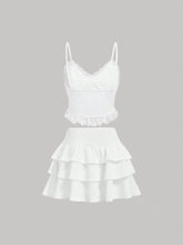 Summer Sweet Solid Color Lace Spliced Bow Detail Bow Decorated Tank Top Layered Cake Skirt Set